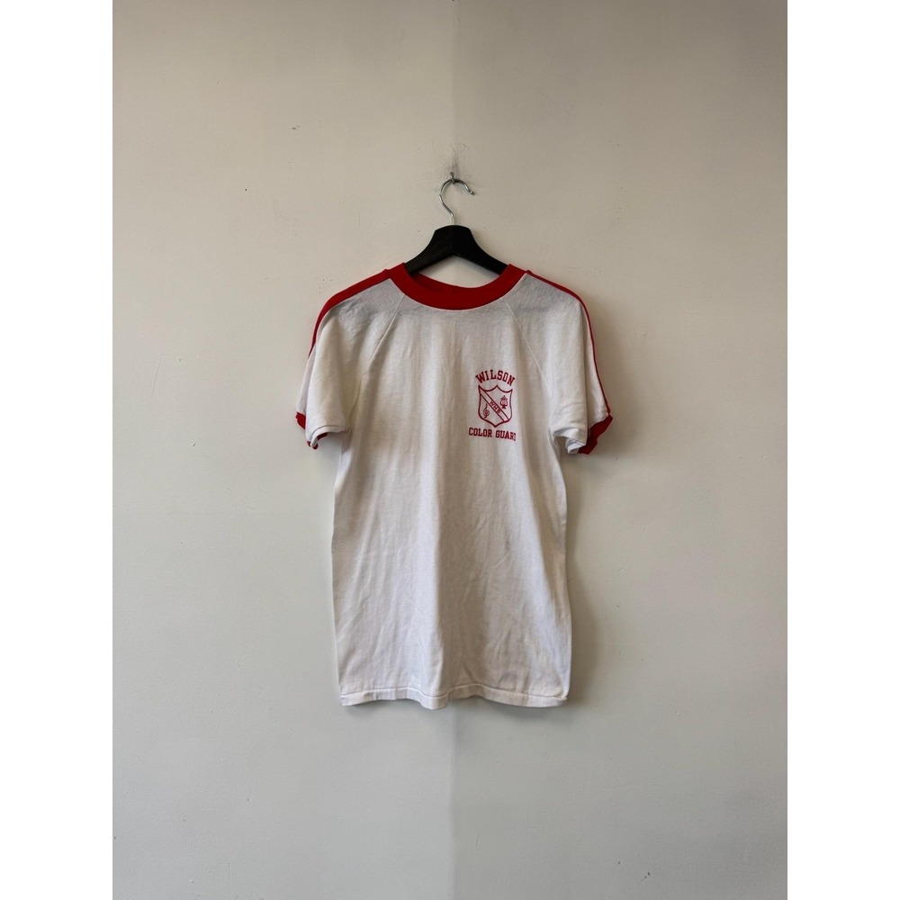 Vintage Wilson Color Guard Shirt Mens Small White Red Ringer Tee Velva Sheen 80s